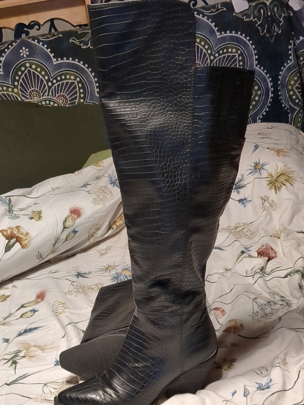 Zodiac Black Croc-Embossed Above Knee Boots. Women's 8. Wide Calf, Can Fit 18"+.
